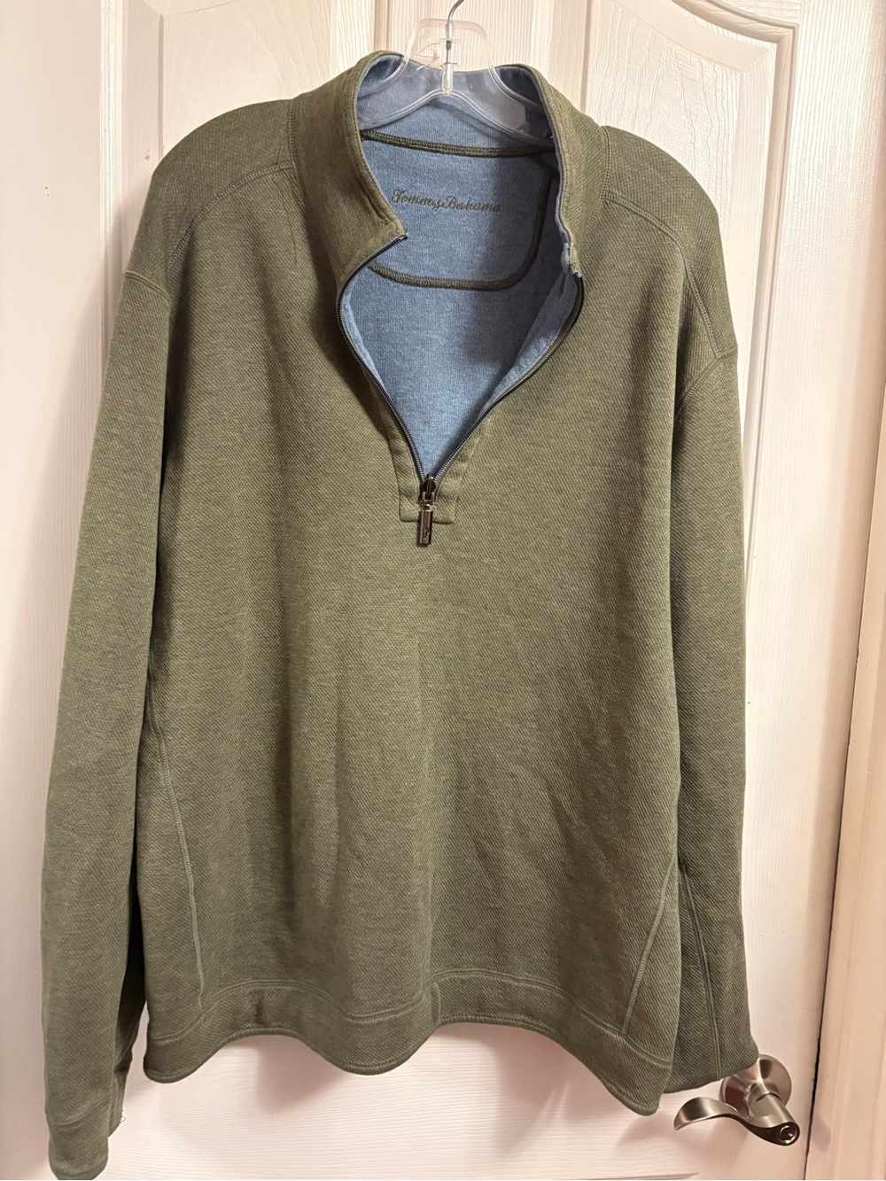 Tommy Bahama Light Blue Quarter-Zip Sweater with Olive Trim - Picture 3 of 3